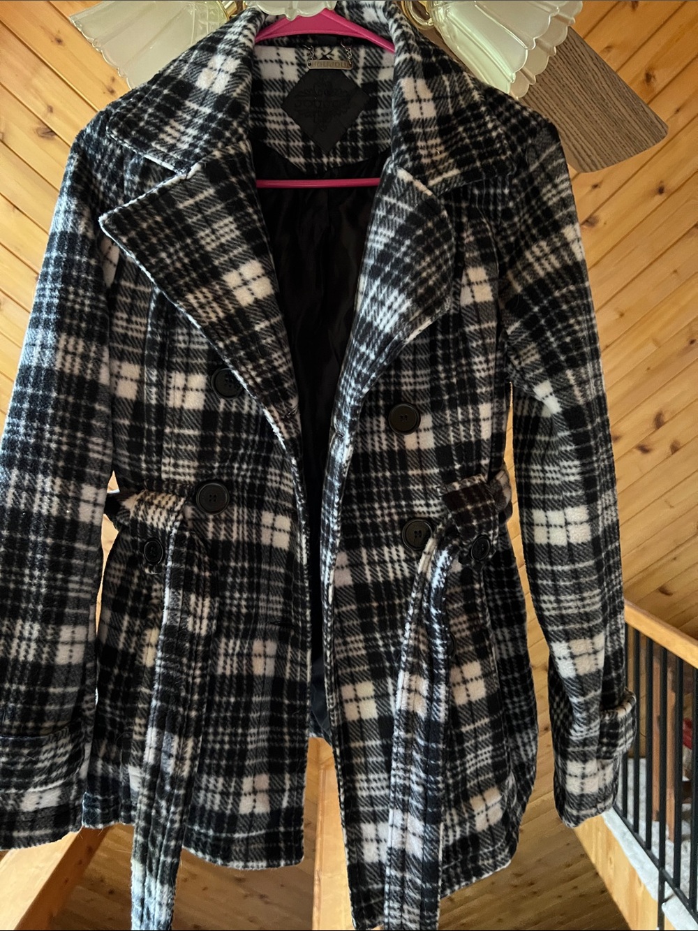 Jou Jou Black and White Plaid Double-Breasted Pea Coat